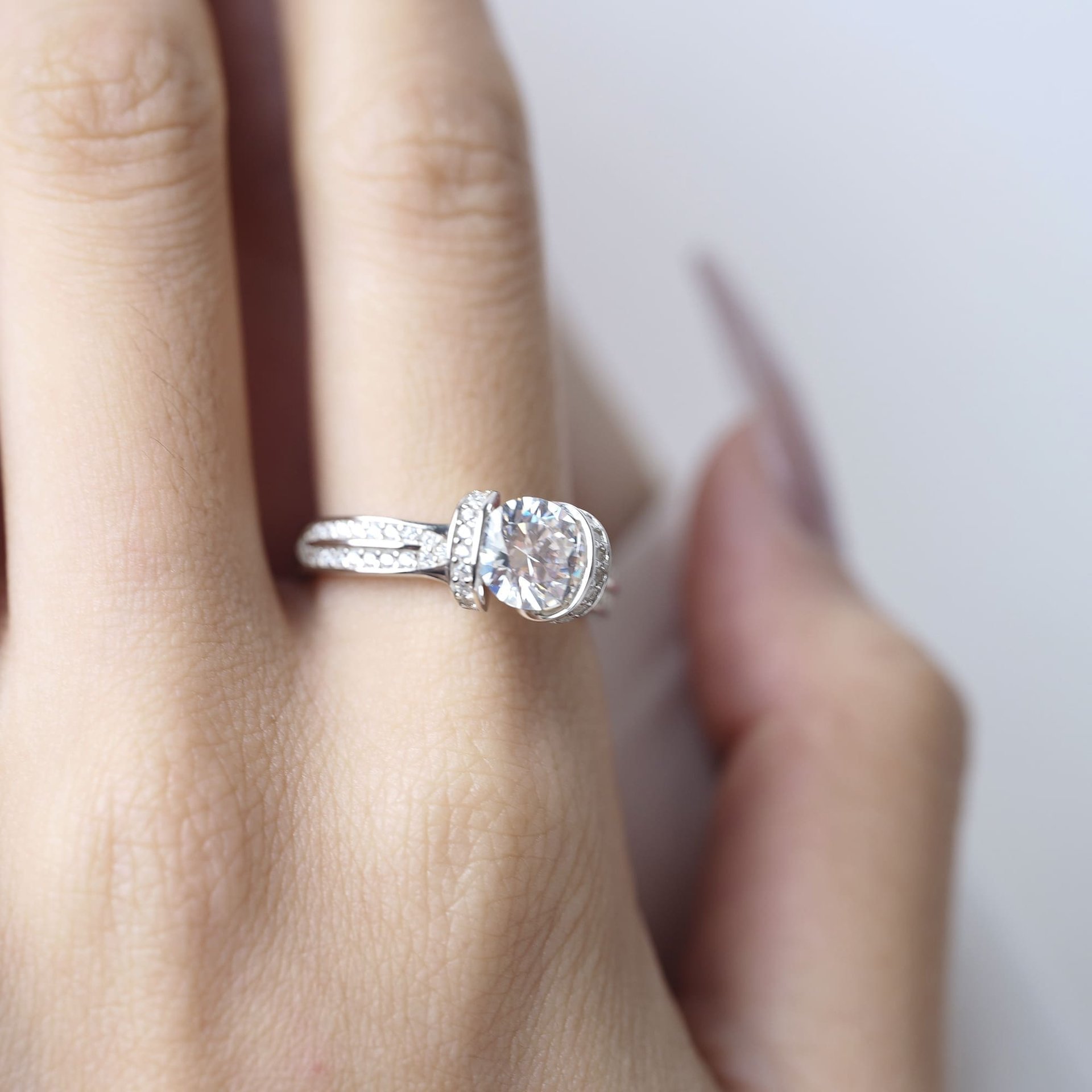 1ct Moissanite Solitaire Promise Ring | Half-Bezel Tension Setting, Pavé Shoulders | 925 Sterling Silver - Image 4