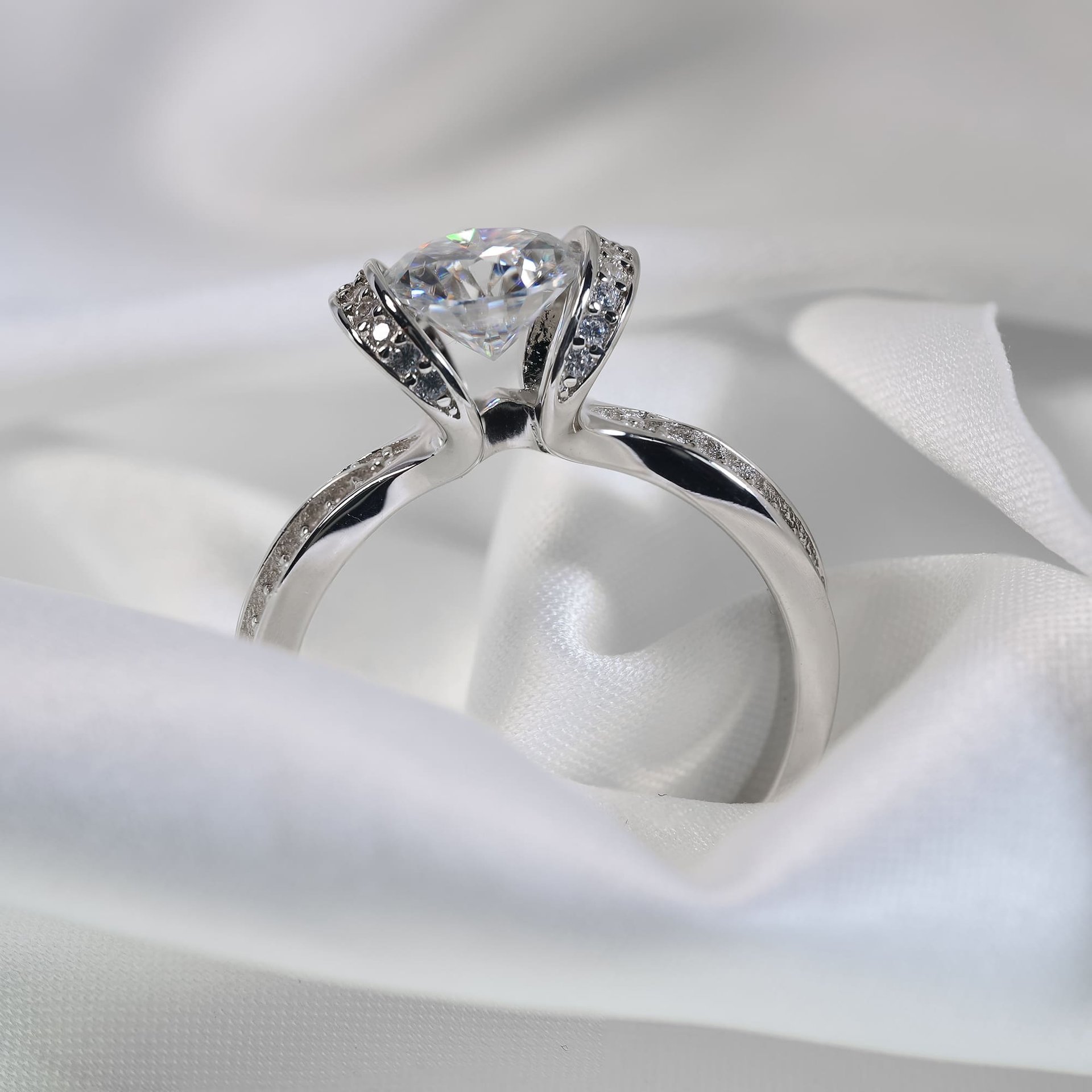 1ct Moissanite Solitaire Promise Ring | Half-Bezel Tension Setting, Pavé Shoulders | 925 Sterling Silver - Image 6