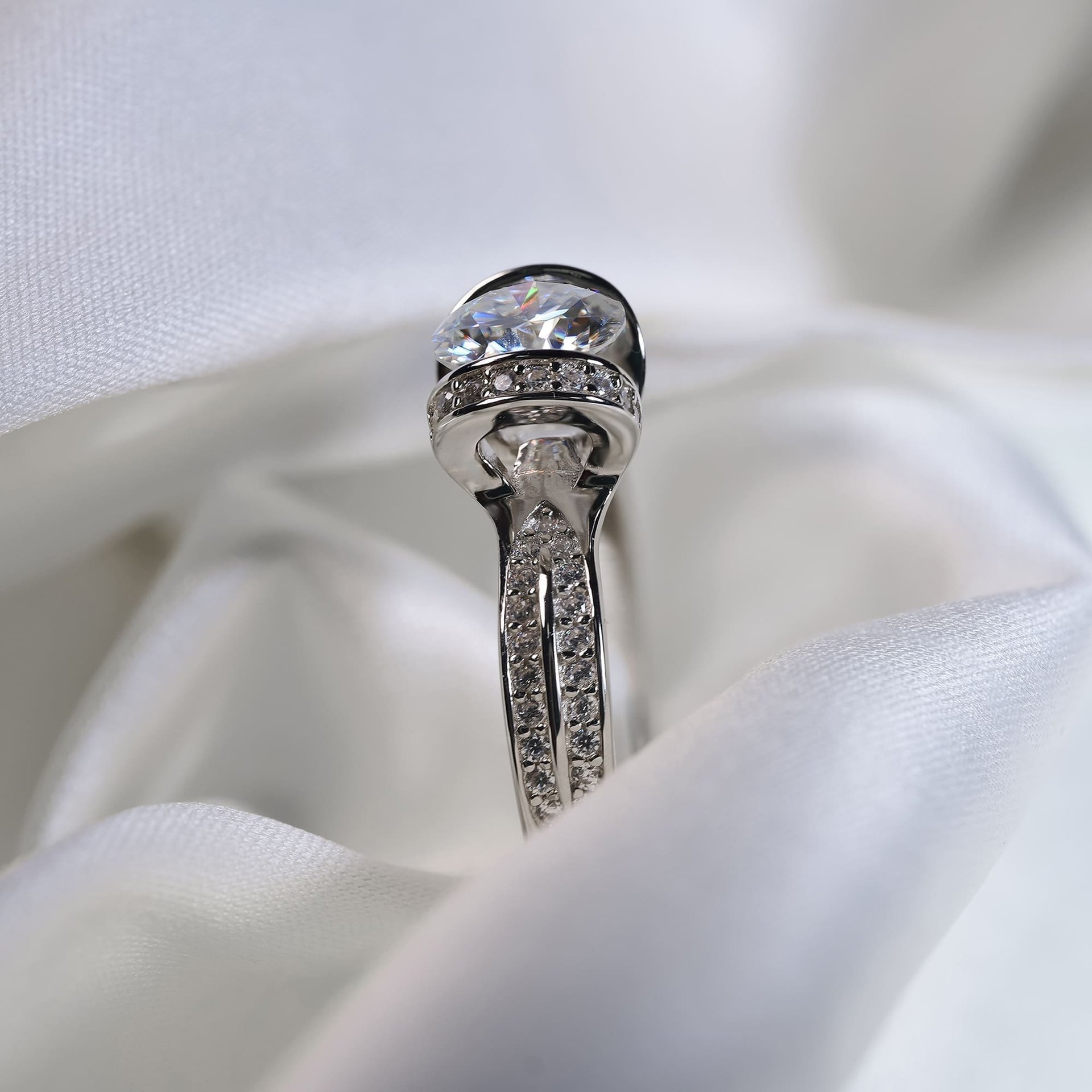 1ct Moissanite Solitaire Promise Ring | Half-Bezel Tension Setting, Pavé Shoulders | 925 Sterling Silver - Image 7