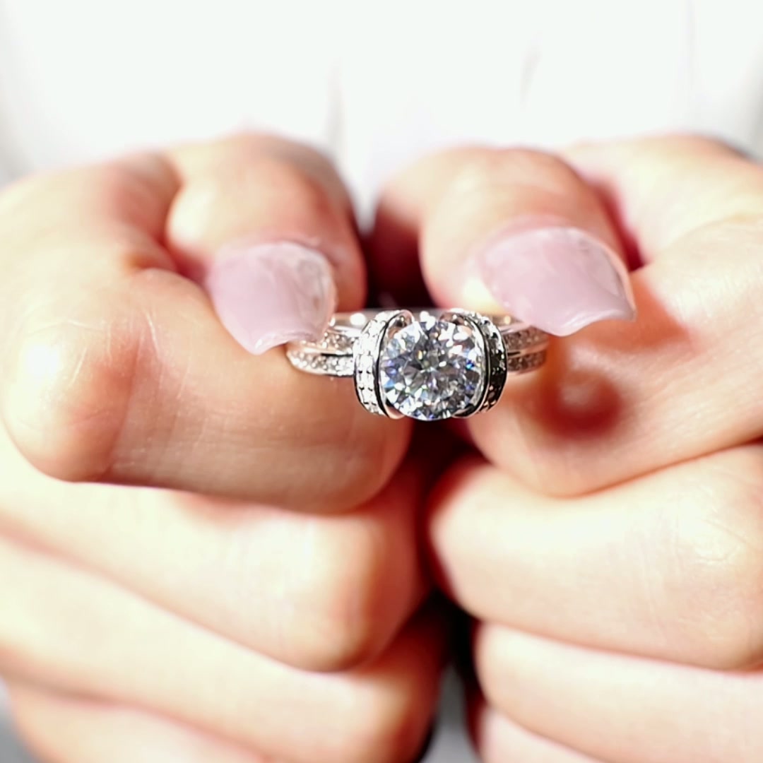 1ct Moissanite Solitaire Promise Ring | Half-Bezel Tension Setting, Pavé Shoulders | 925 Sterling Silver product video thumbnail