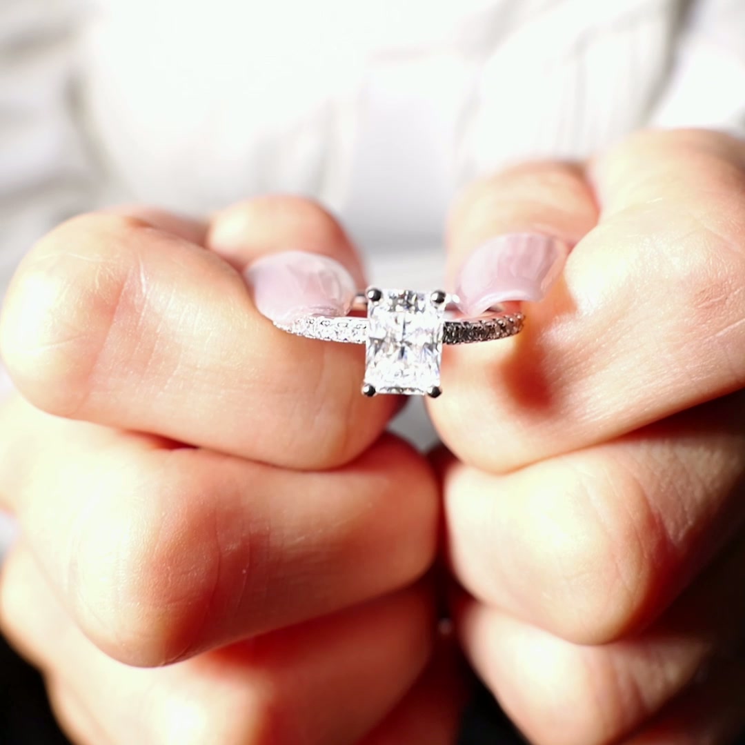 Radiant Cut Moissanite Engagement Ring | Pave Band 925 Silver | 1ct & 2ct DEW Solitaire product video thumbnail