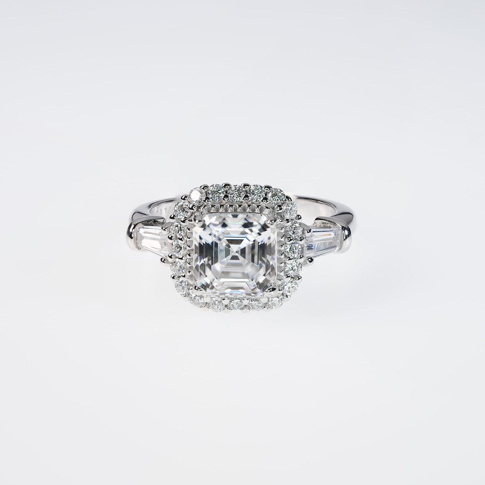 2ct Asscher Cut Moissanite Engagement Ring | Cushion Halo & Tapered Baguettes | White Gold-Plated 925 Silver