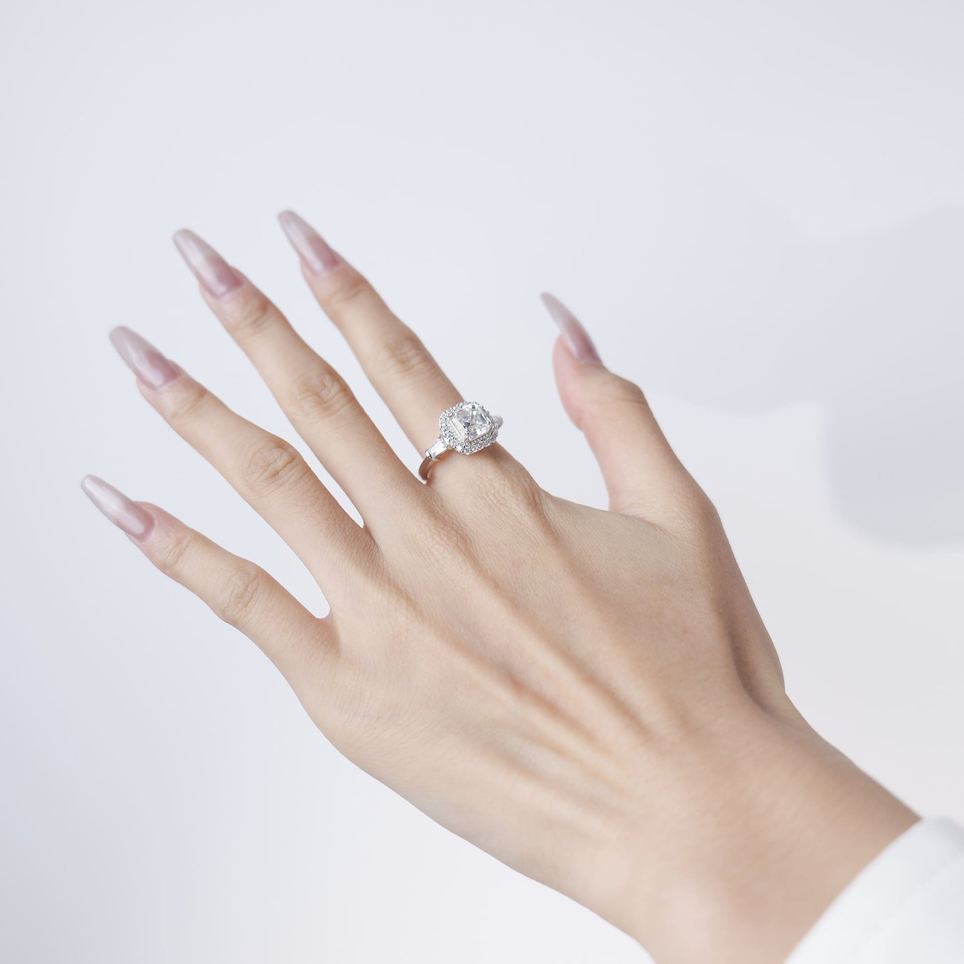 2ct Asscher Cut Moissanite Engagement Ring | Cushion Halo & Tapered Baguettes | White Gold-Plated 925 Silver - Image 2