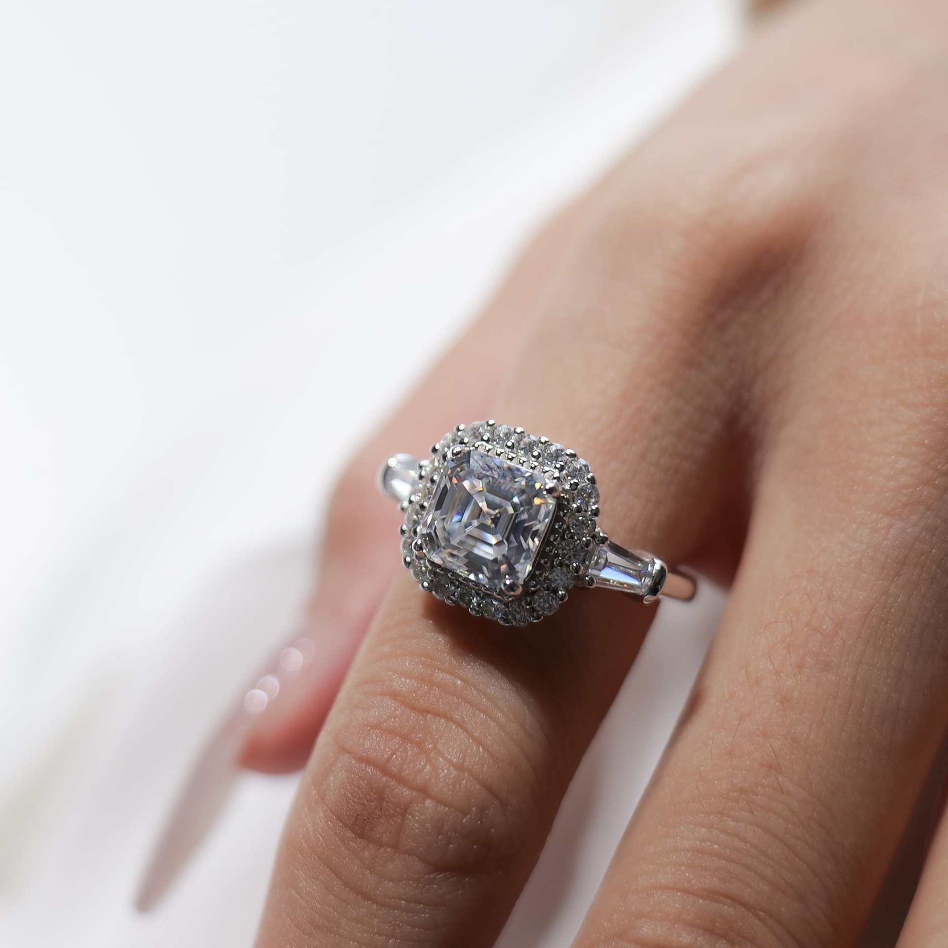2ct Asscher Cut Moissanite Engagement Ring | Cushion Halo & Tapered Baguettes | White Gold-Plated 925 Silver - Image 3