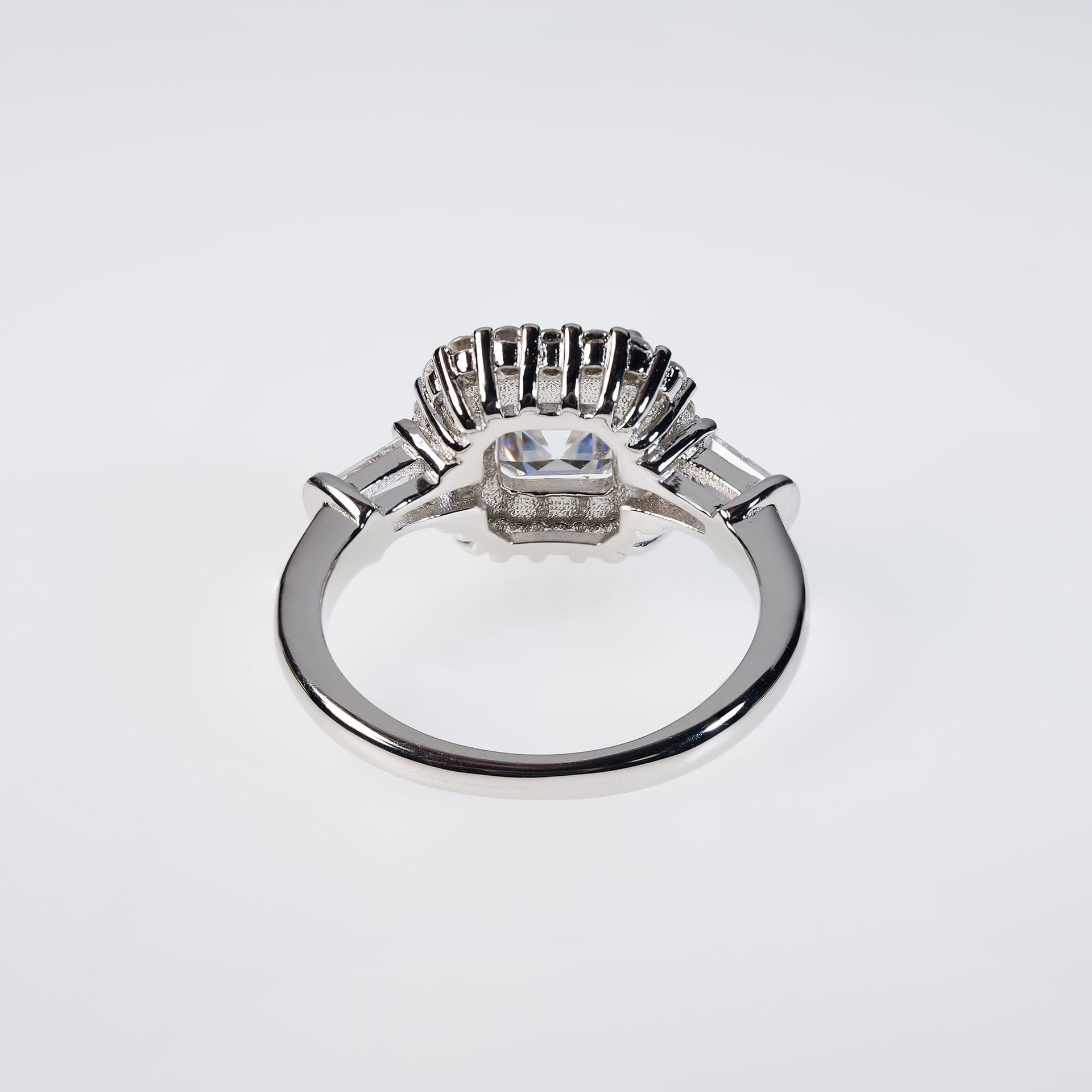 2ct Asscher Cut Moissanite Engagement Ring | Cushion Halo & Tapered Baguettes | White Gold-Plated 925 Silver - Image 5