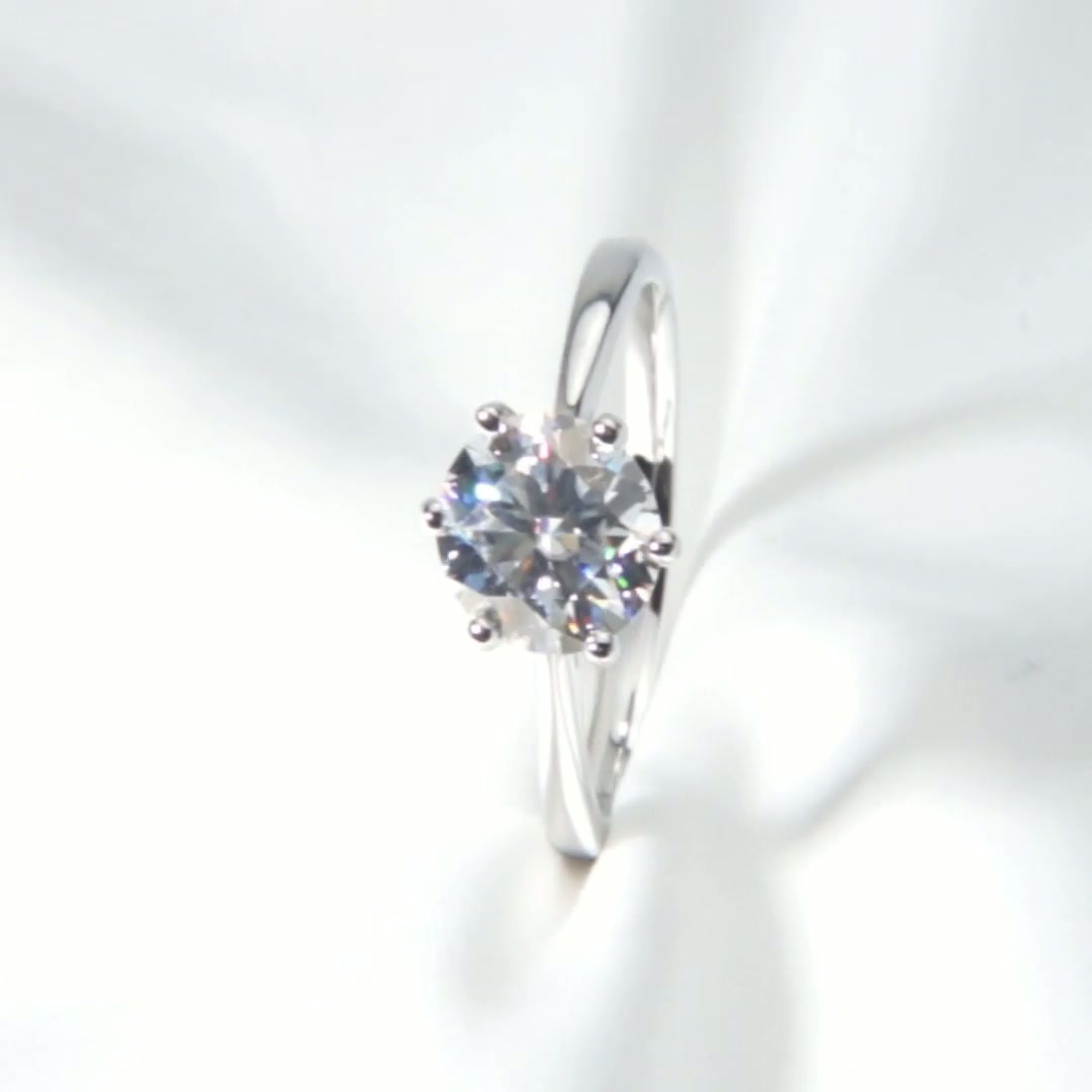 Classic Solitaire Moissanite Ring | Round Brilliant Six-Prong | 925 Silver White Gold Plated product video thumbnail
