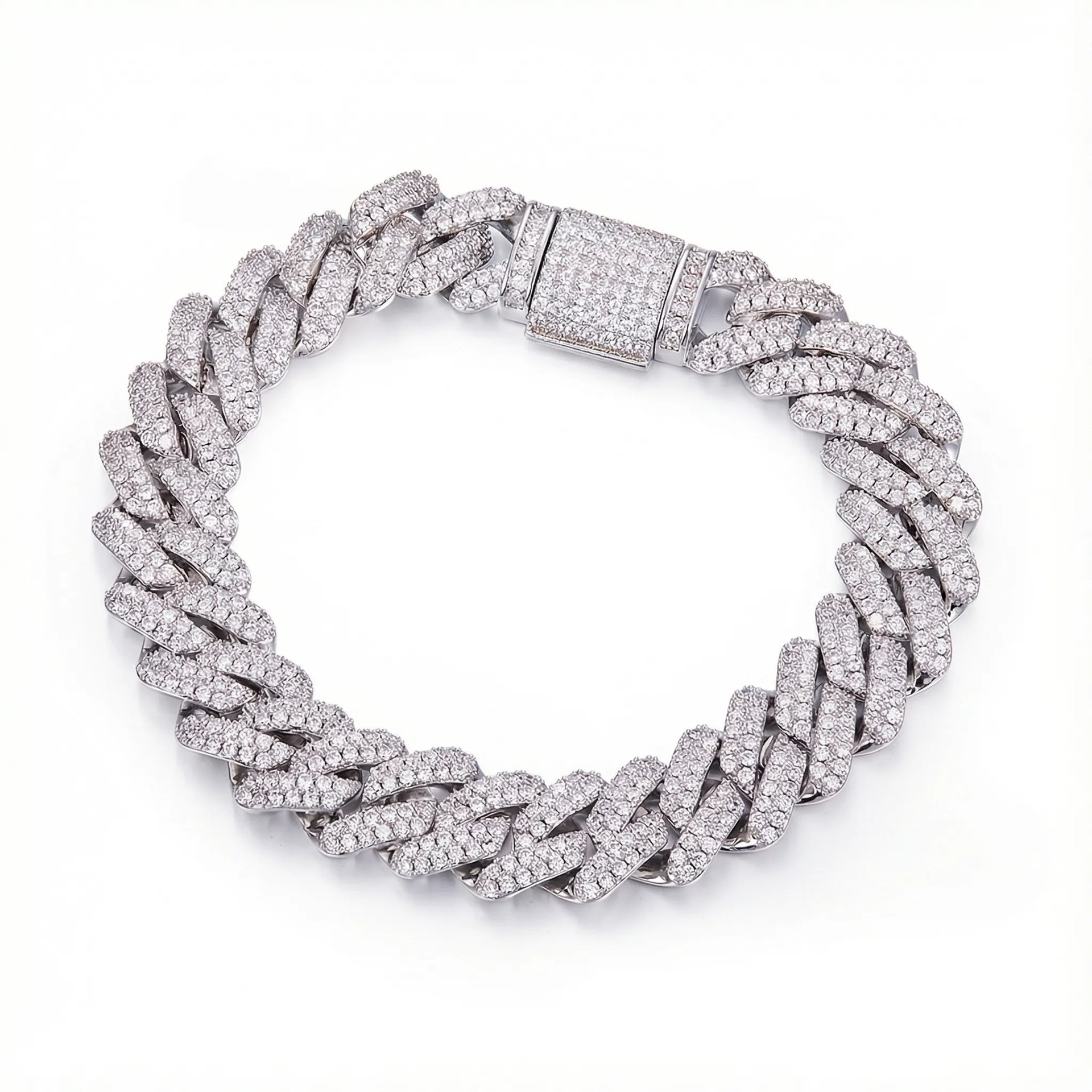 14mm Iced-Out Moissanite Cuban Link Bracelet | Pavé 925 Sterling Silver | Rhodium-Plated