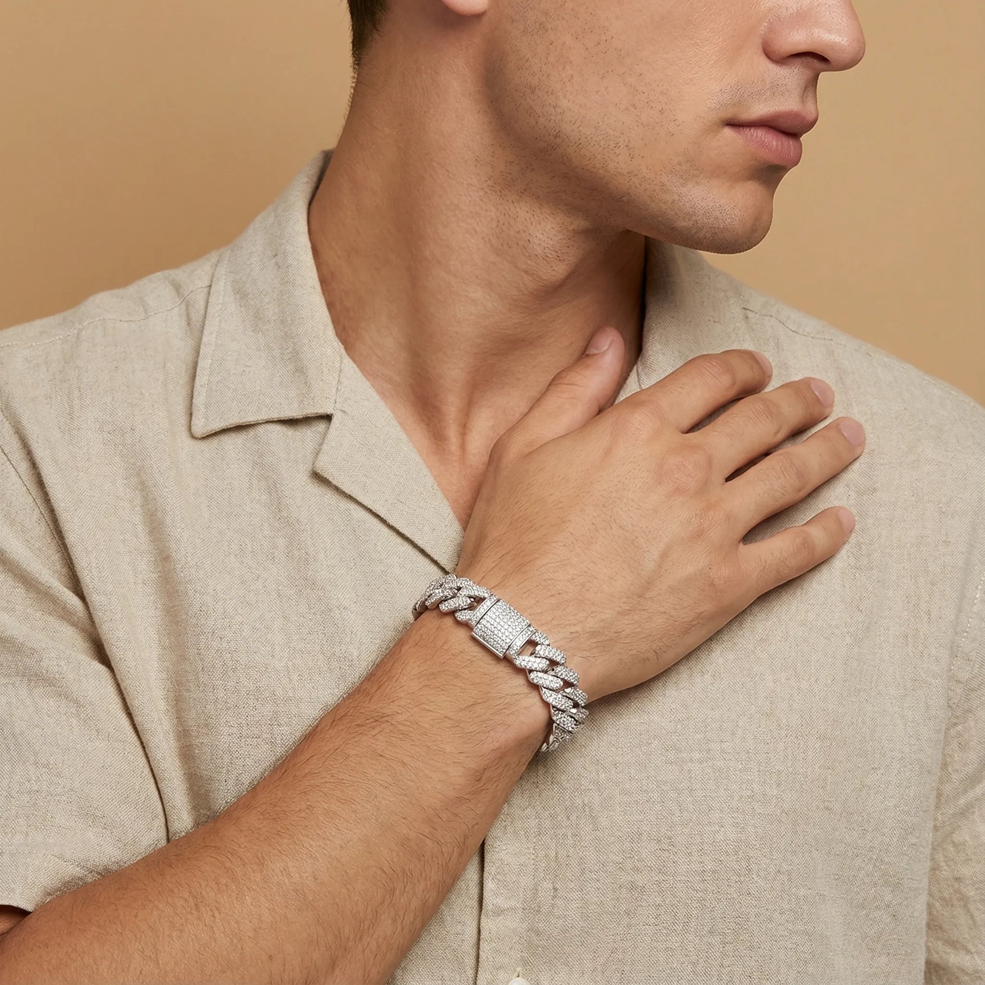 14mm Iced-Out Moissanite Cuban Link Bracelet | Pavé 925 Sterling Silver | Rhodium-Plated - Image 3