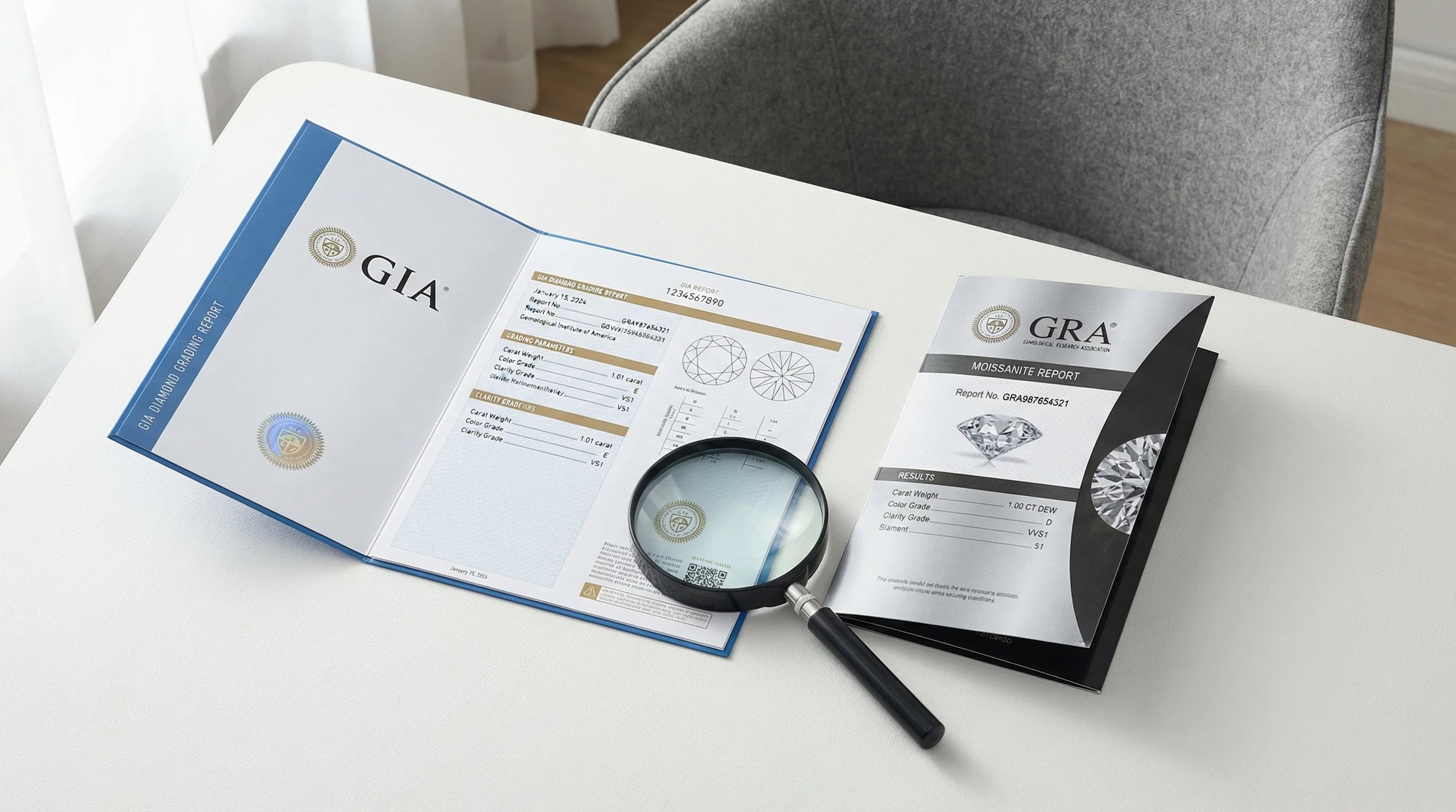 Comparison of authentic GIA certificate next to questionable GRA moissanite report with magnifying glass