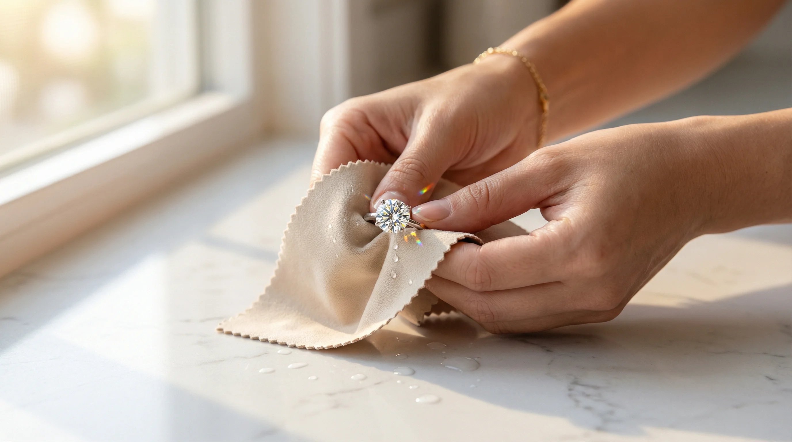 Hands gently cleaning a brilliant moissanite engagement ring with soft cloth