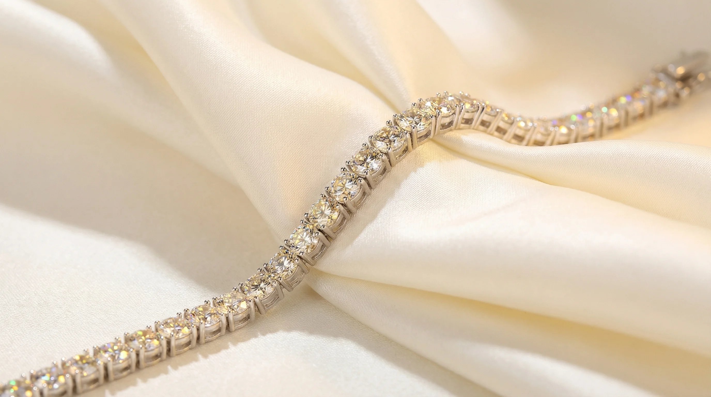Elegant moissanite tennis bracelet draped over white silk showing brilliant sparkle