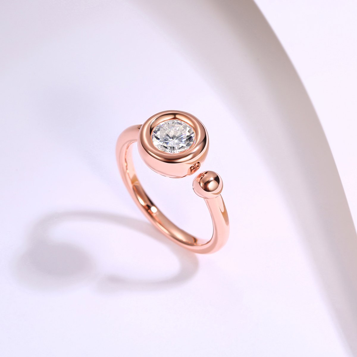 Round Moissanite Bubble Bezel Open Ring in Rose Gold - Image 2
