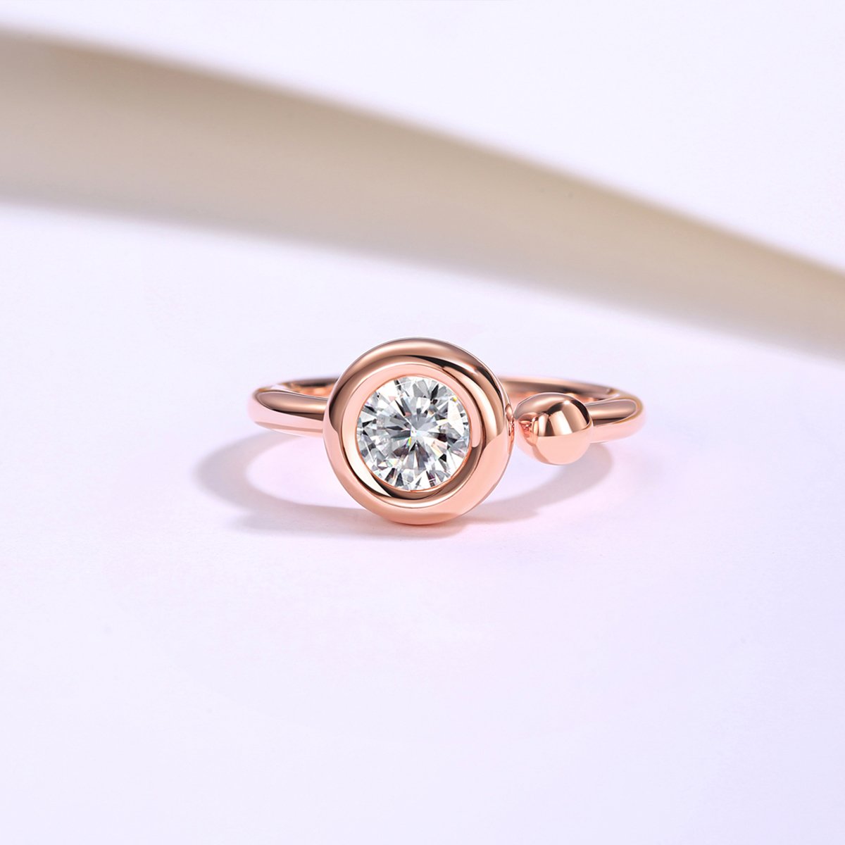 Round Moissanite Bubble Bezel Open Ring in Rose Gold - Image 3