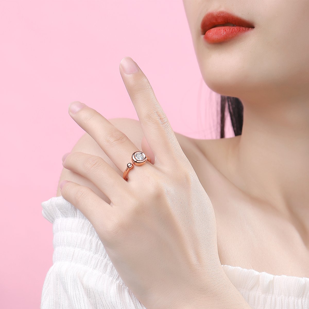 Round Moissanite Bubble Bezel Open Ring in Rose Gold - Image 8