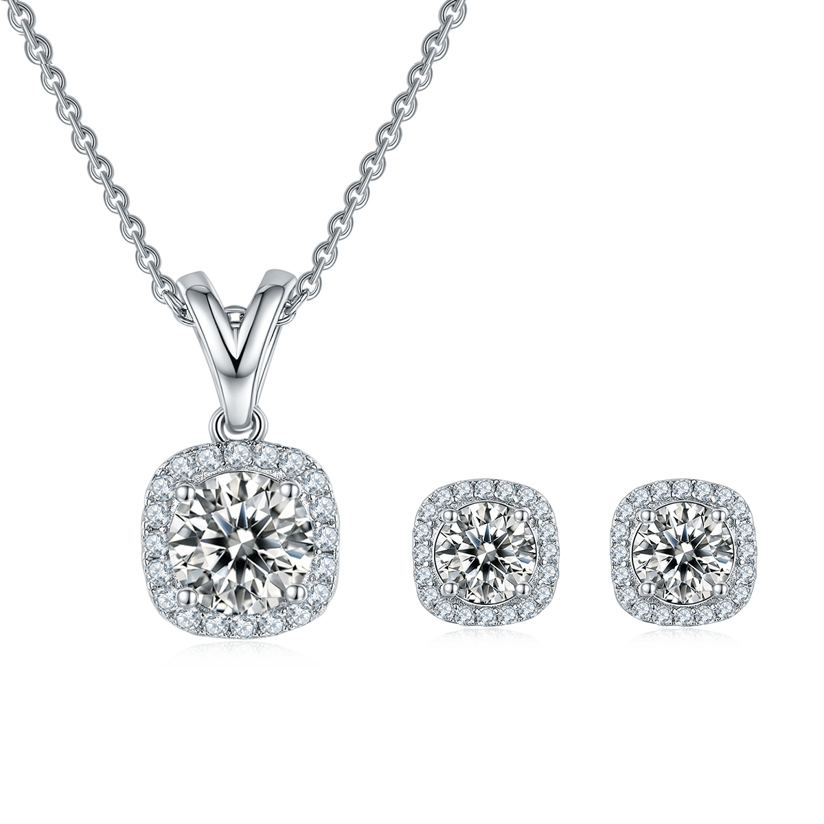 Square Halo Moissanite Necklace & Earrings Set