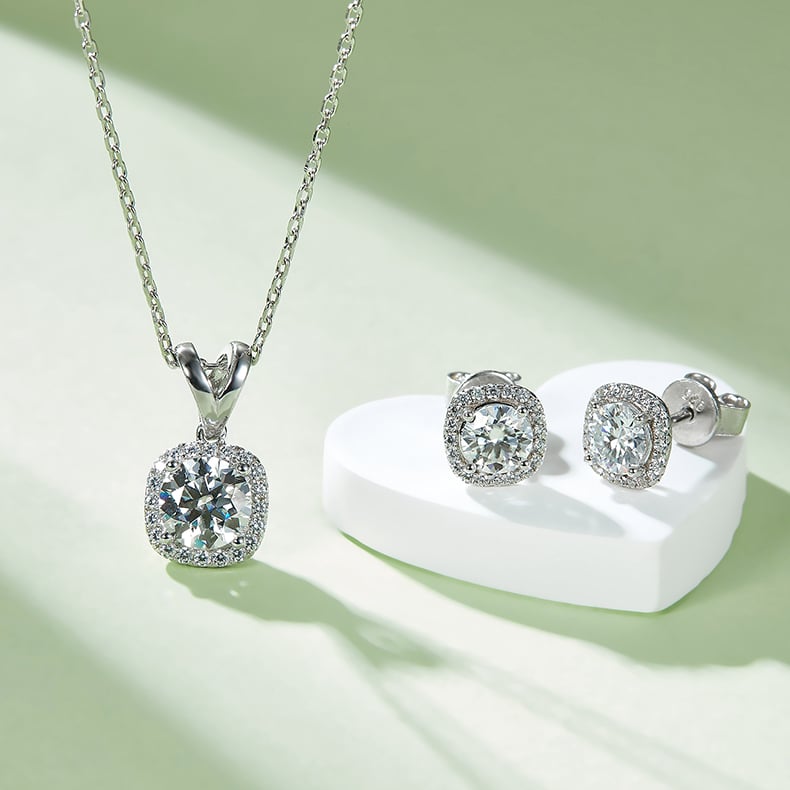 Square Halo Moissanite Necklace & Earrings Set - Image 4