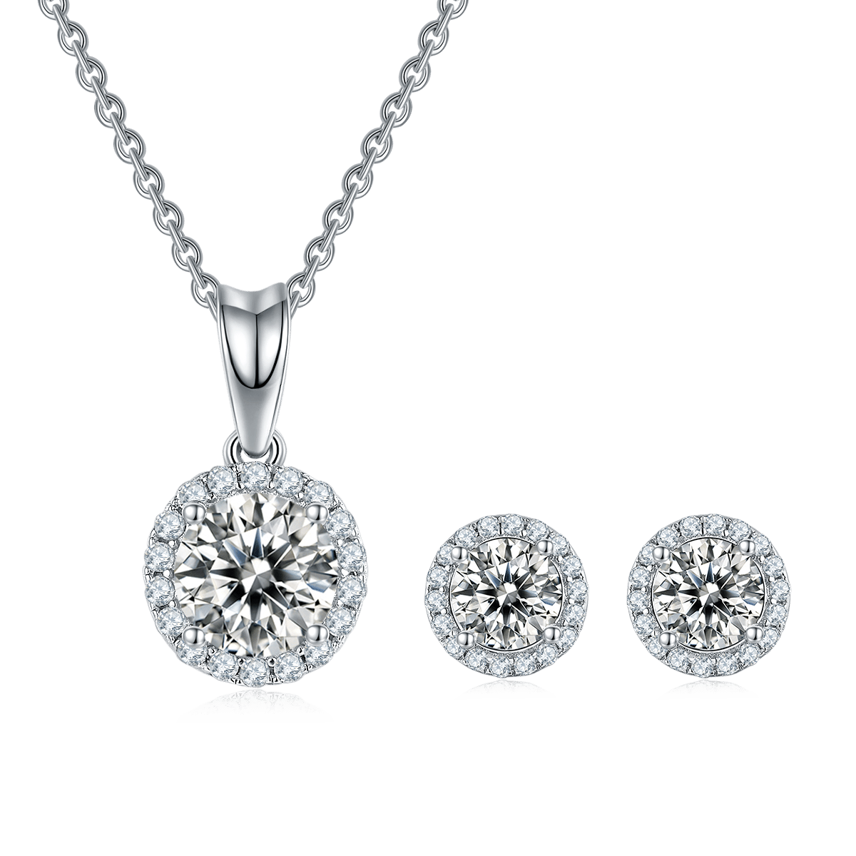 Round Halo Moissanite Necklace & Earrings Set | 1ct Pendant + 0.5ct Studs | 925 Silver