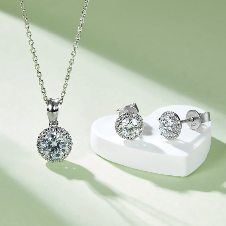 Round Halo Moissanite Necklace & Earrings Set | 1ct Pendant + 0.5ct Studs | 925 Silver - Image 4