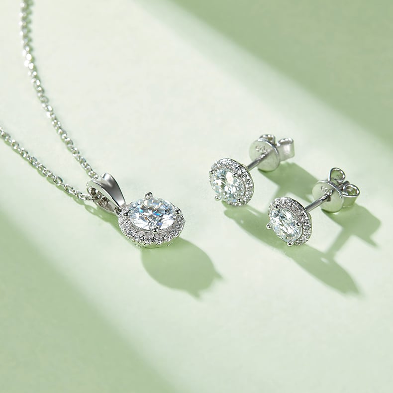 Round Halo Moissanite Necklace & Earrings Set | 1ct Pendant + 0.5ct Studs | 925 Silver - Image 5