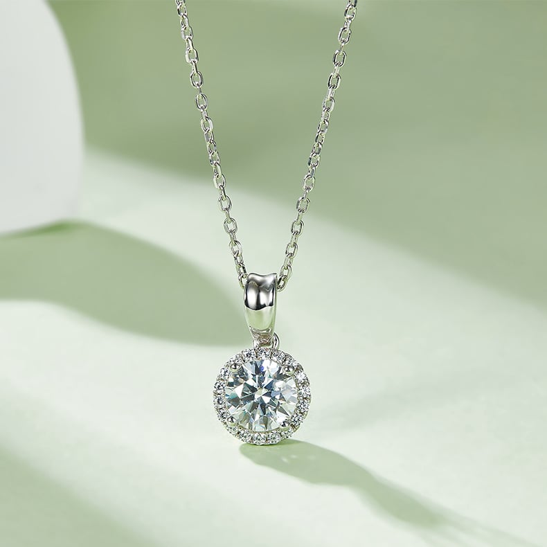 Round Halo Moissanite Necklace & Earrings Set | 1ct Pendant + 0.5ct Studs | 925 Silver - Image 6