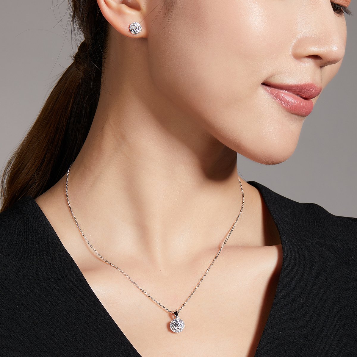 Round Halo Moissanite Necklace & Earrings Set | 1ct Pendant + 0.5ct Studs | 925 Silver - Image 8