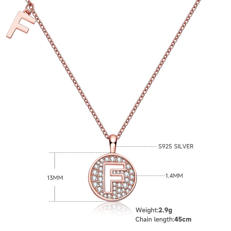 Letter F Pavé Disc Moissanite Necklace in Rose Gold