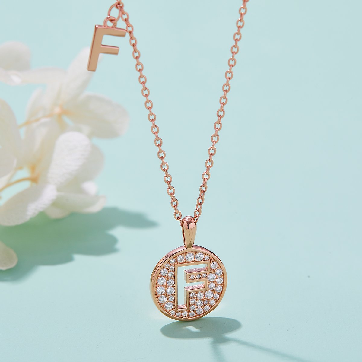 Letter F Pavé Disc Moissanite Necklace in Rose Gold - Image 3