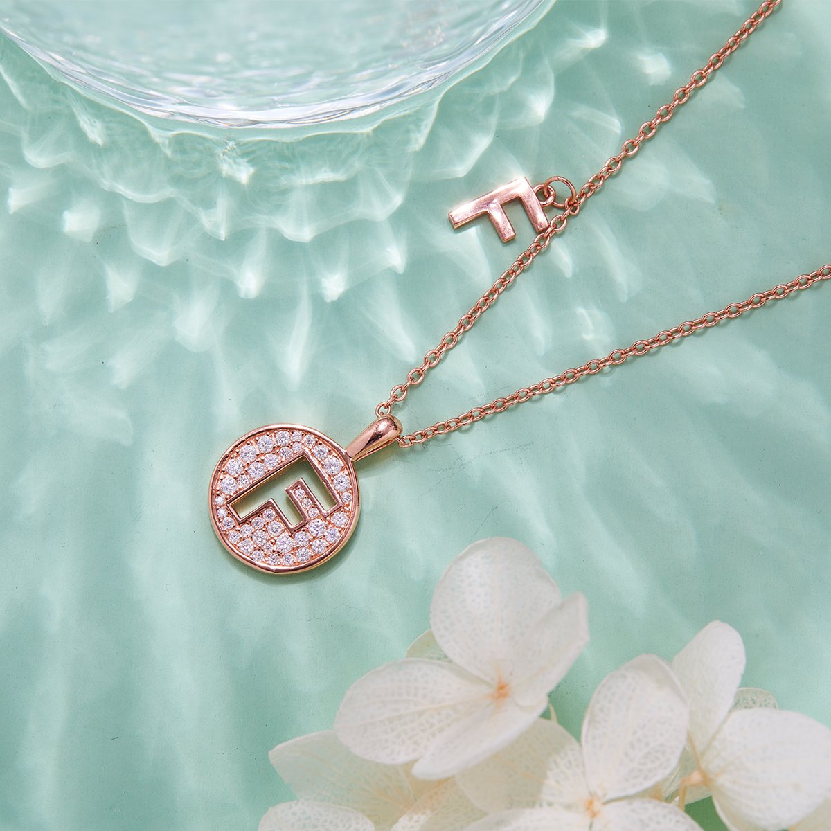 Letter F Pavé Disc Moissanite Necklace in Rose Gold - Image 4
