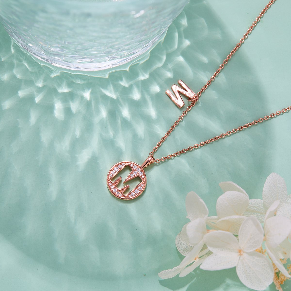Rose Gold Initial M Medallion Pavé Moissanite Necklace - Image 4