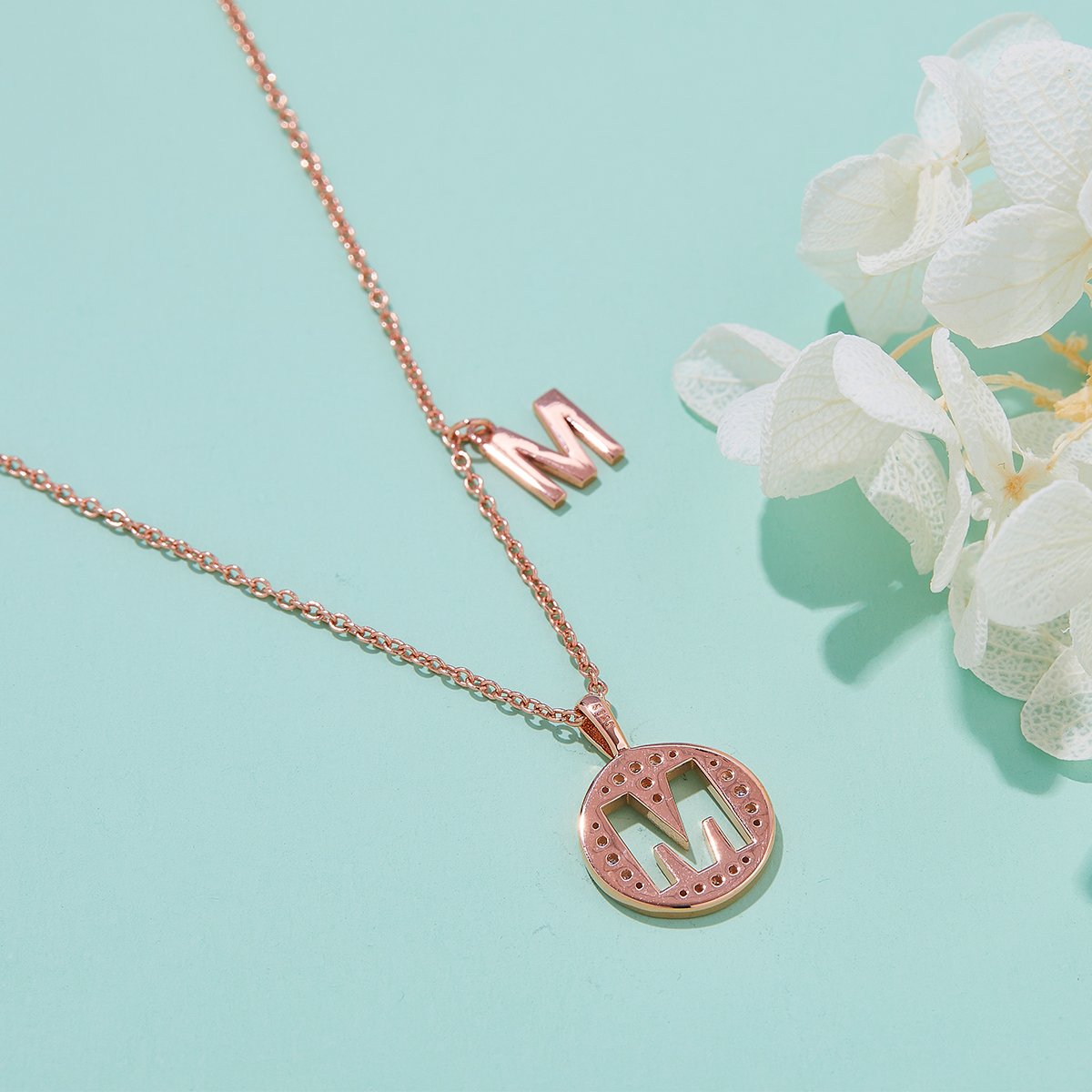Rose Gold Initial M Medallion Pavé Moissanite Necklace - Image 5
