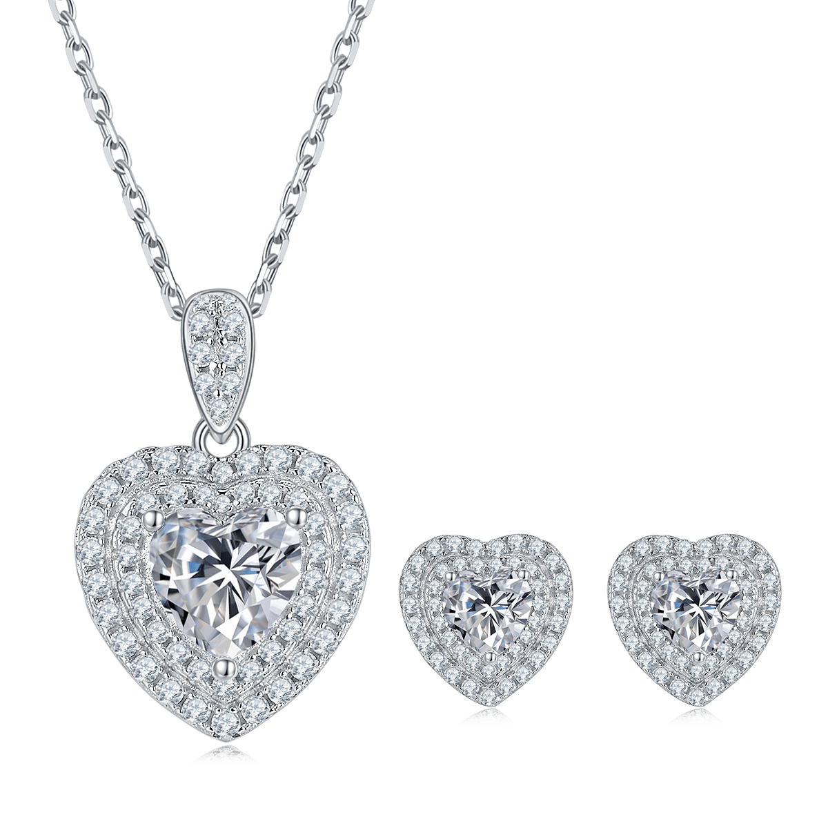 Heart-Cut Double Halo Moissanite Pendant & Stud Set