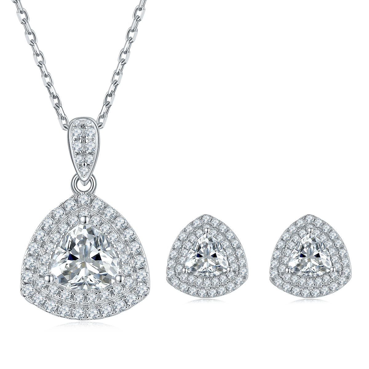 Trillion-Cut Moissanite Double-Halo Pendant & Stud Set