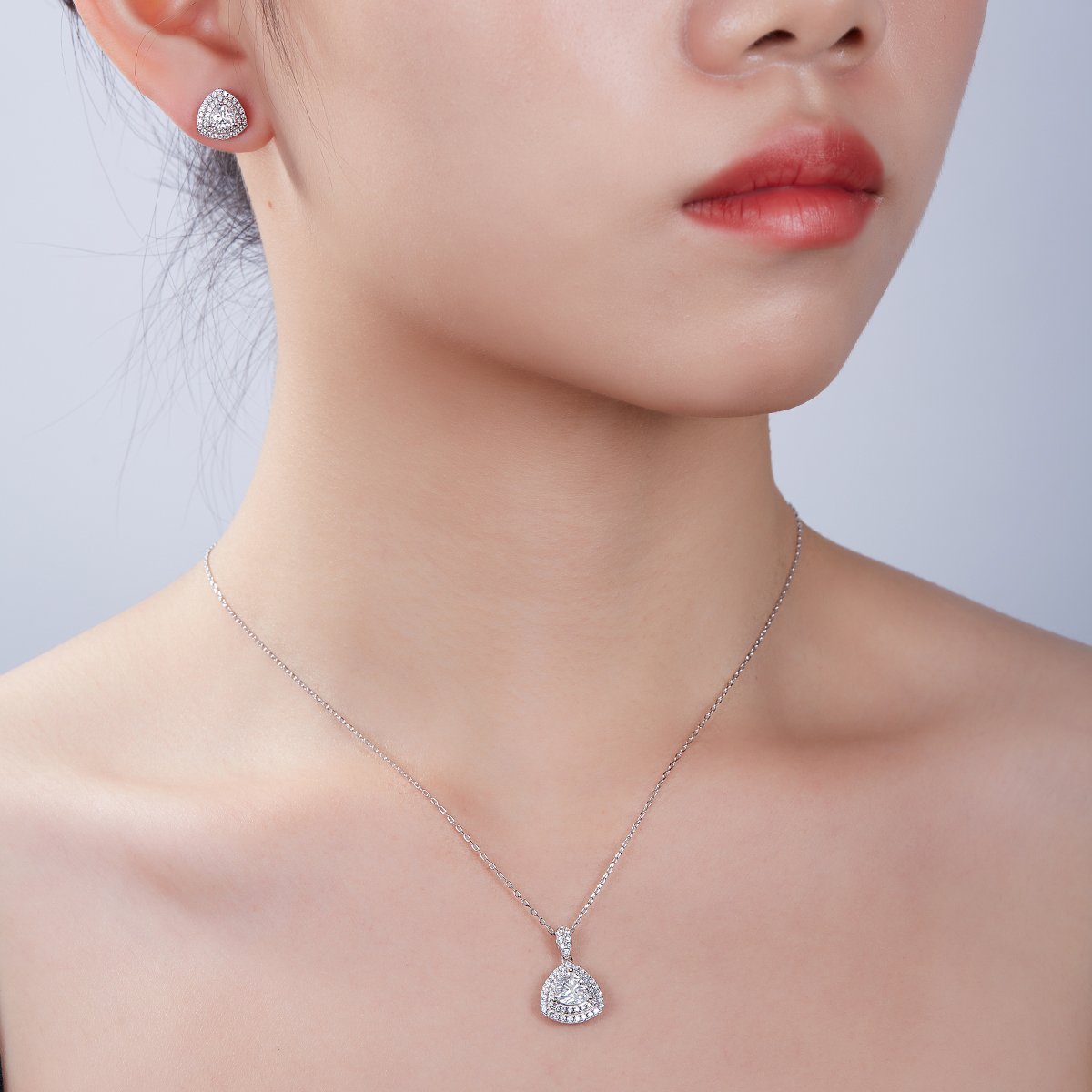 Trillion-Cut Moissanite Double-Halo Pendant & Stud Set - Image 7