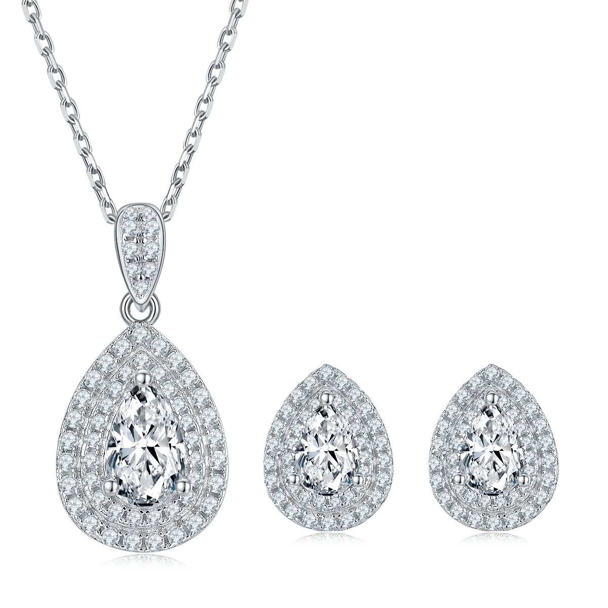 Pear-Cut Double Halo Moissanite Pendant & Stud Set