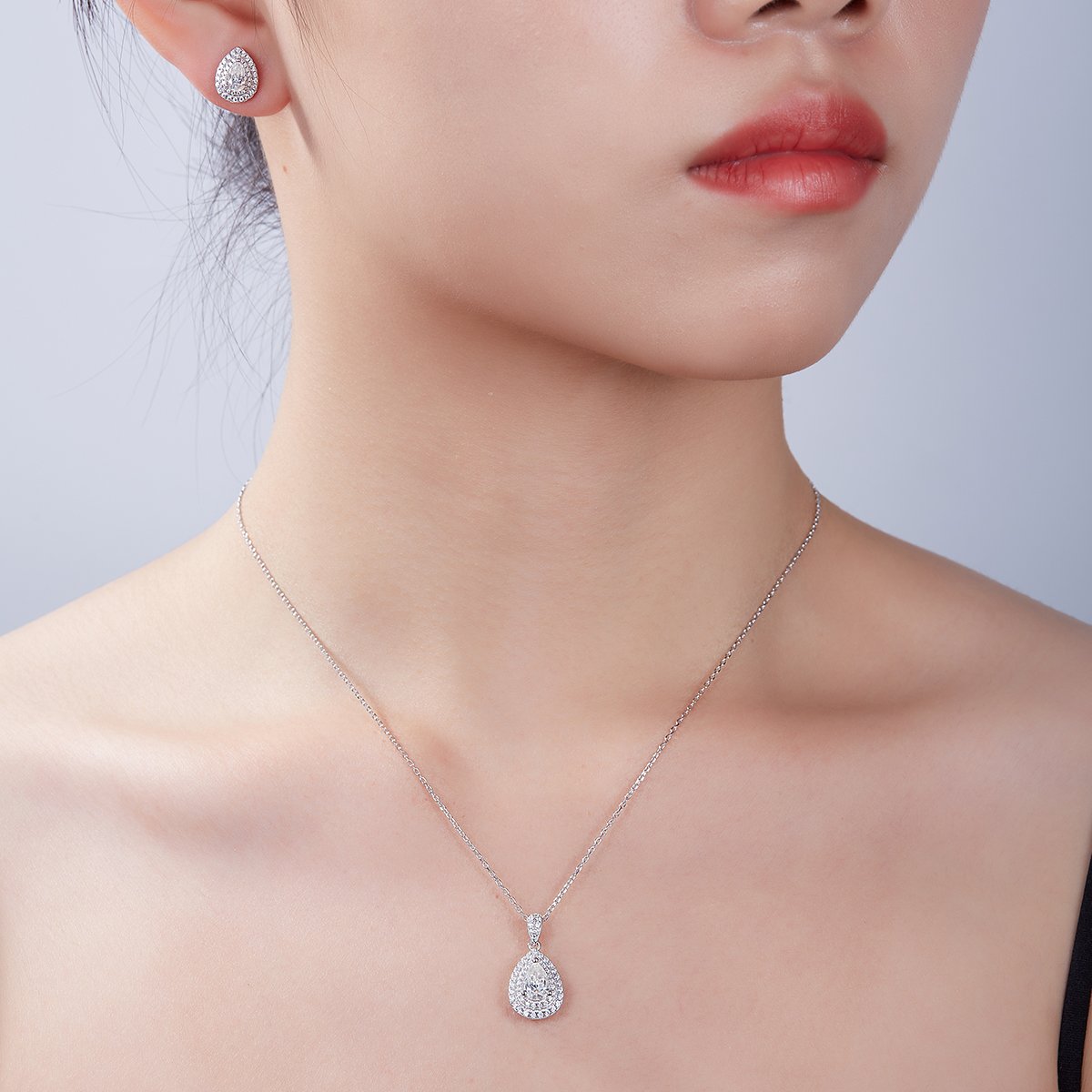 Pear-Cut Double Halo Moissanite Pendant & Stud Set - Image 7