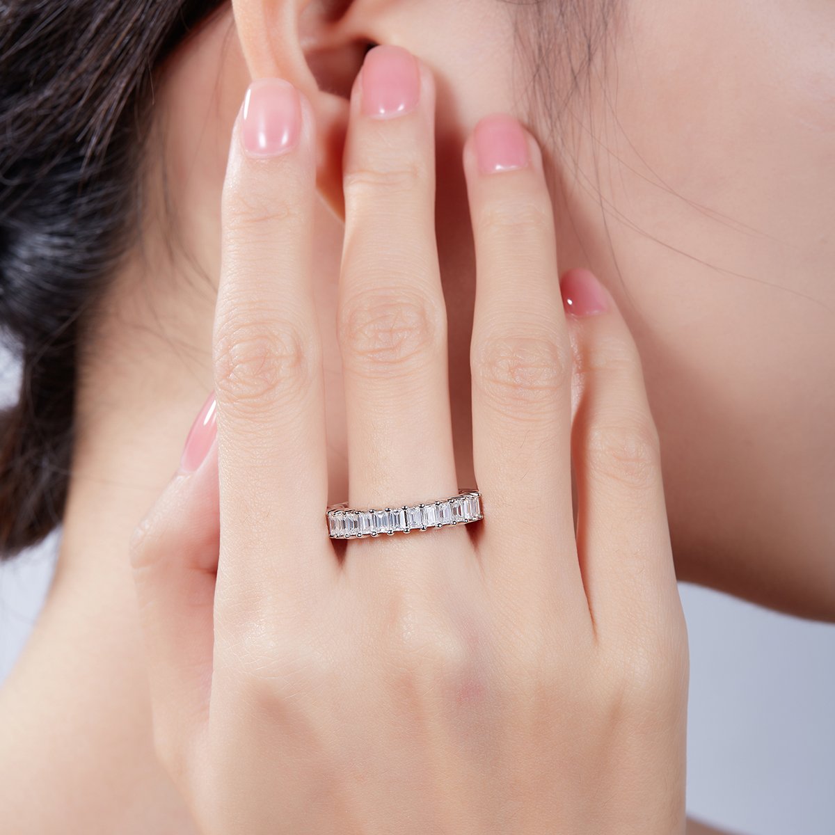 Moissanite Emerald-Cut Eternity Band | 4.6ctw DEW White Gold Sterling Silver Ring - Image 7