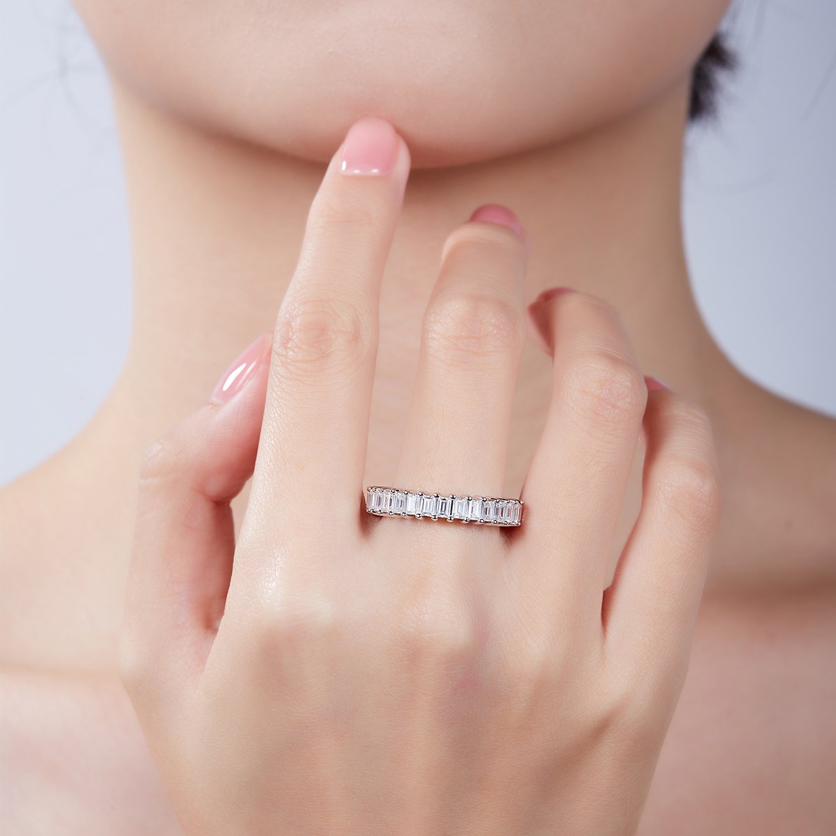 Moissanite Emerald-Cut Eternity Band | 4.6ctw DEW White Gold Sterling Silver Ring - Image 8