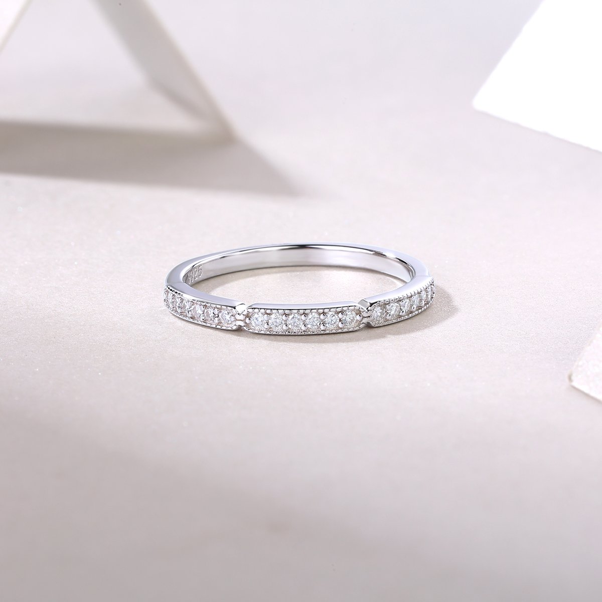 Moissanite Milgrain Segment Band Ring | Vintage Half-Eternity Stacker | 925 Silver - Image 5