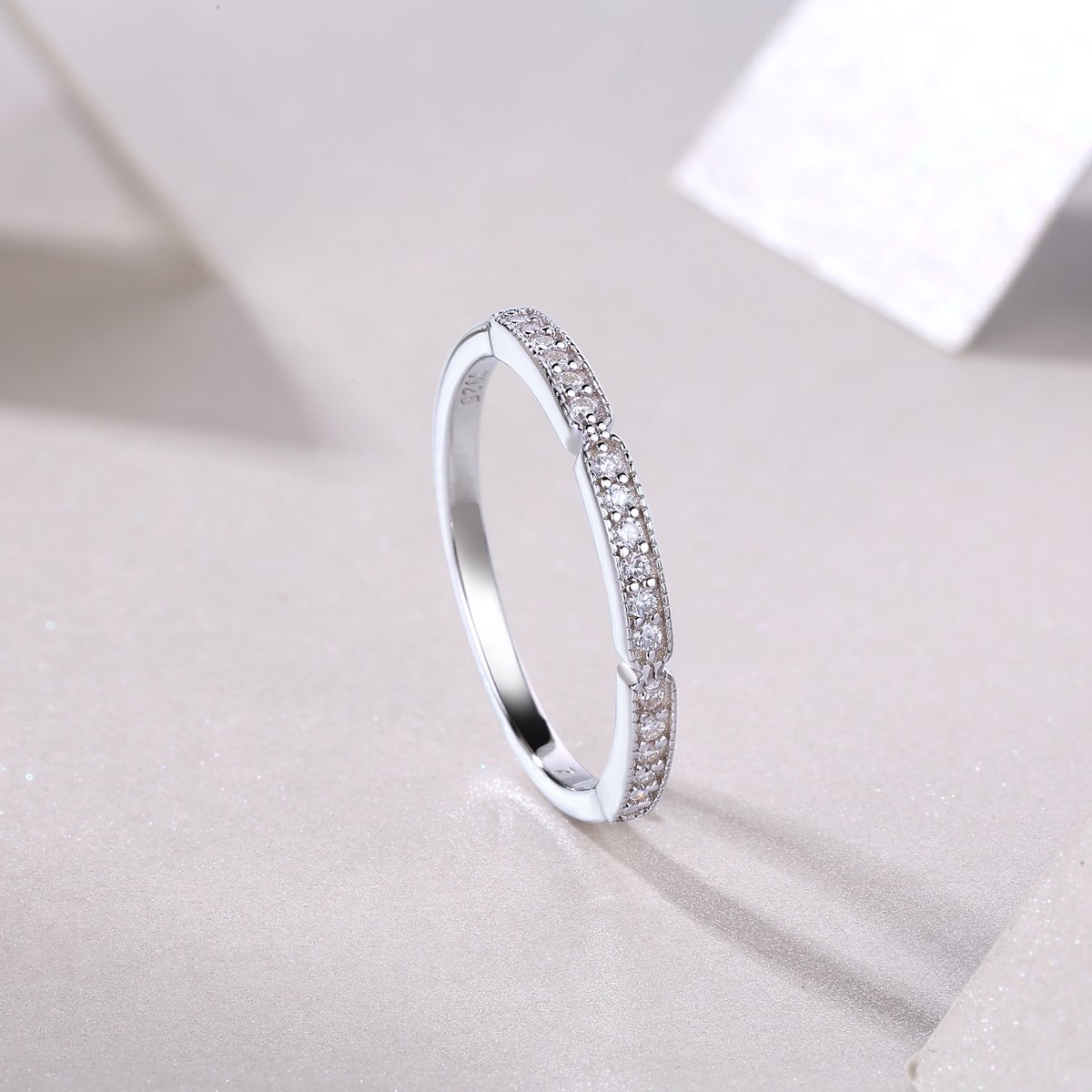 Moissanite Milgrain Segment Band Ring | Vintage Half-Eternity Stacker | 925 Silver - Image 6