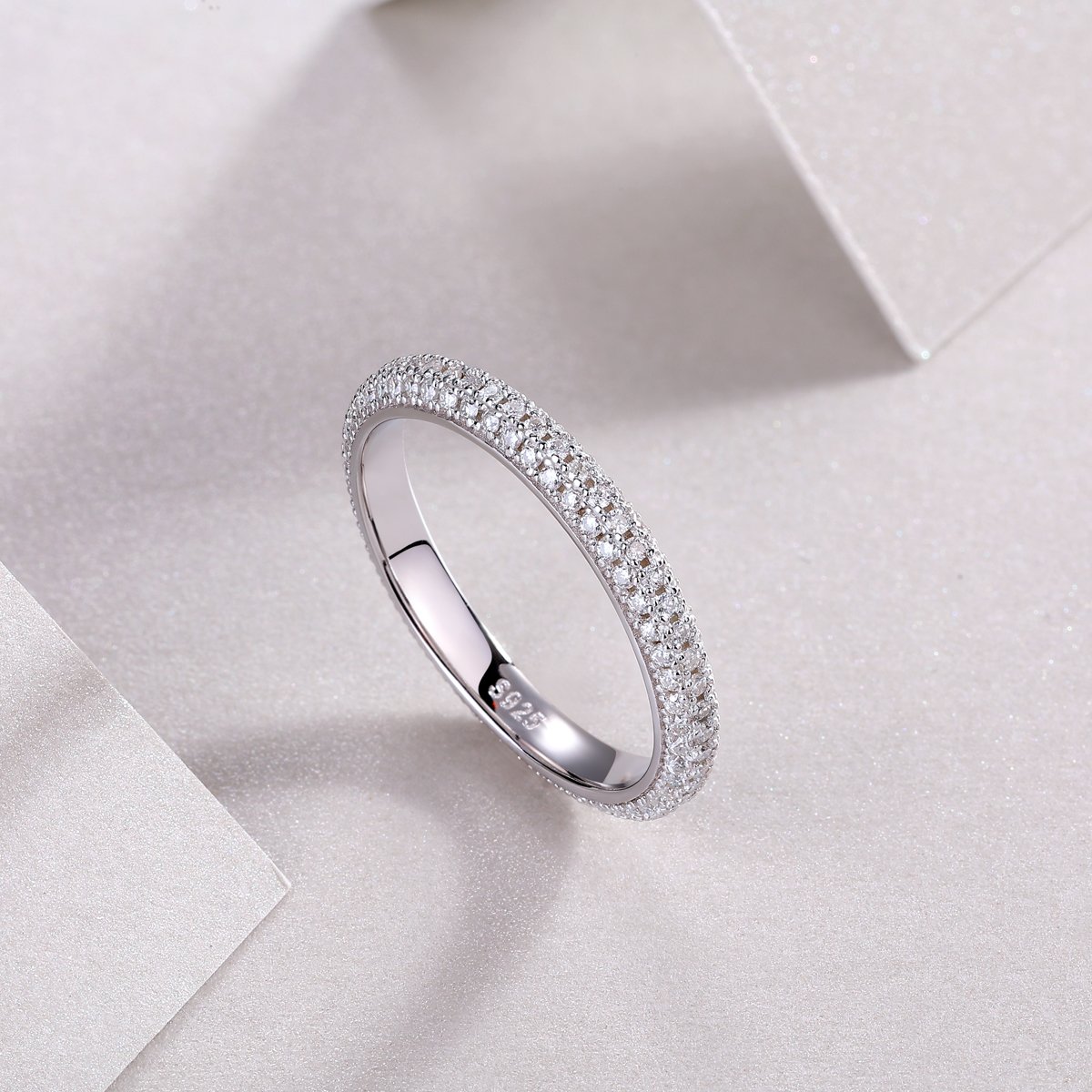 Moissanite Pavé Eternity Band Ring | Domed Three-Row Sterling Silver - Image 6
