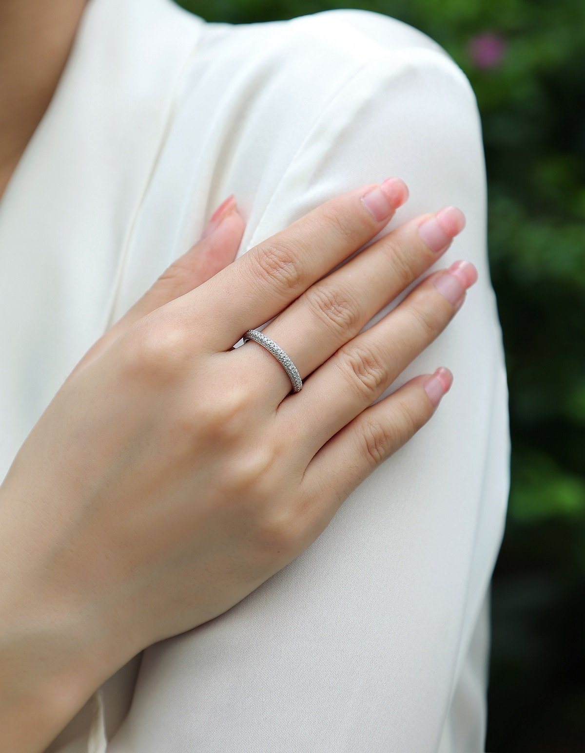 Moissanite Pavé Eternity Band Ring | Domed Three-Row Sterling Silver - Image 7