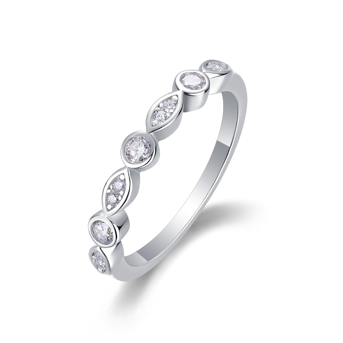 Vintage Marquise-Station Moissanite Ring | Bezel & Pave Stacking Band