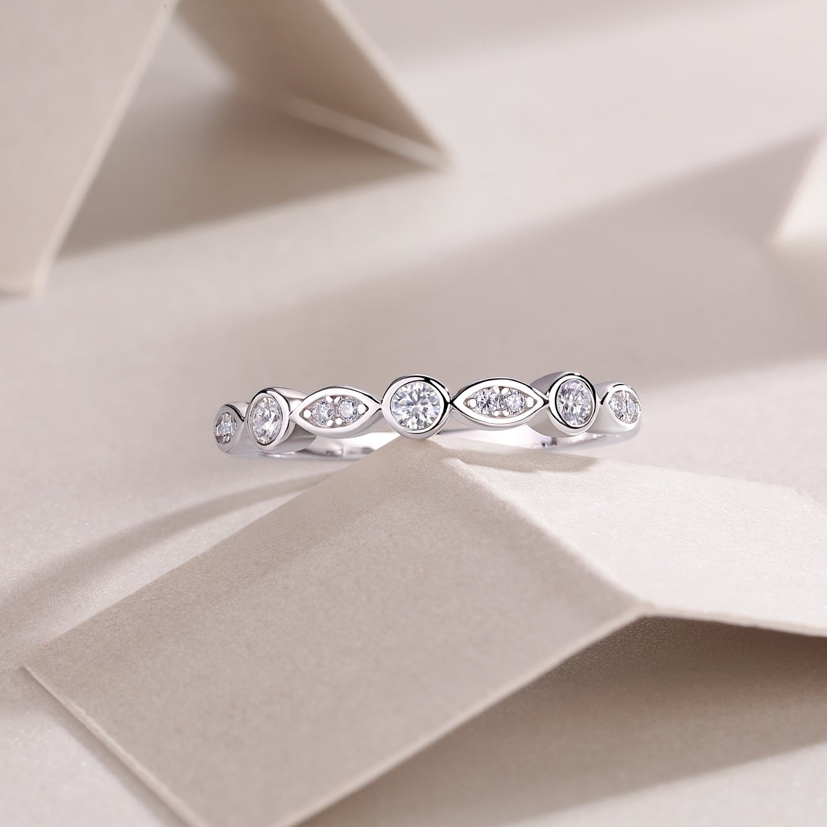 Vintage Marquise-Station Moissanite Ring | Bezel & Pave Stacking Band - Image 5