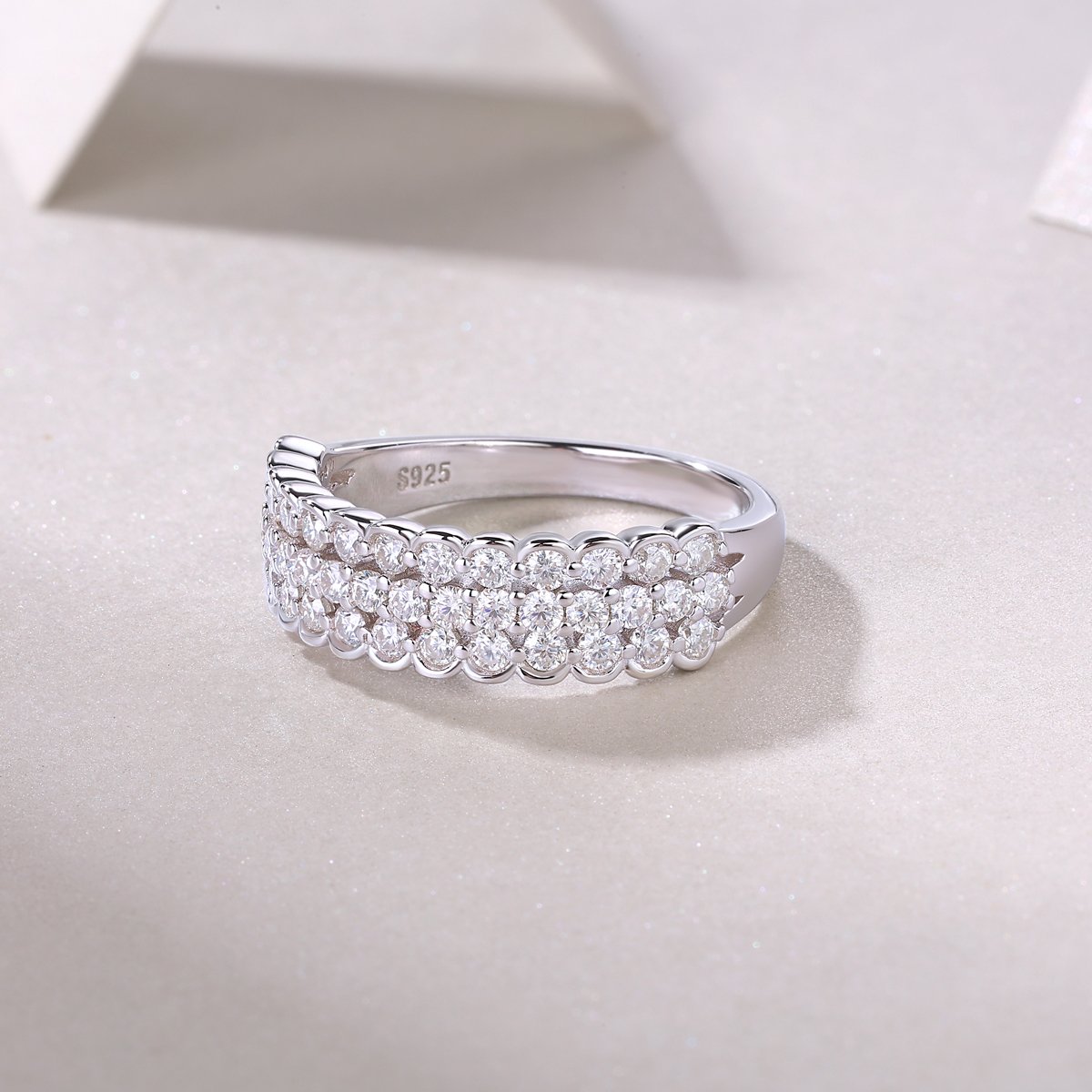 Scalloped Multi-Row Pavé Moissanite Band Ring | Three-Row Half-Eternity - Image 6