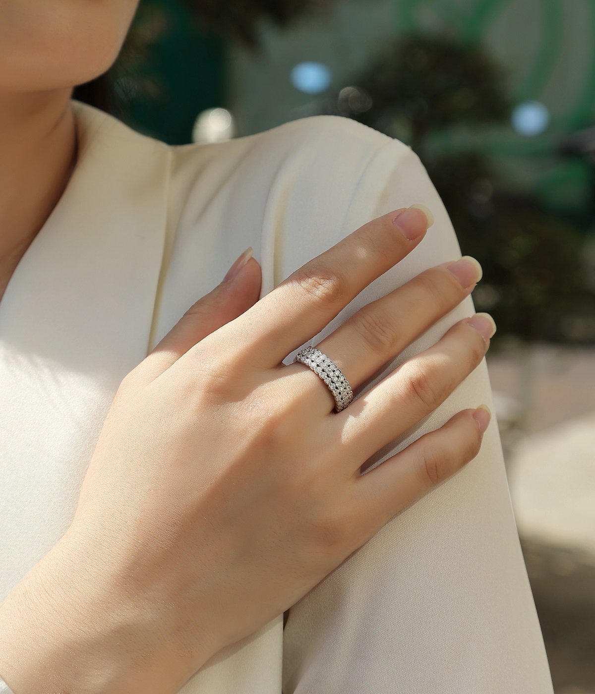 Scalloped Multi-Row Pavé Moissanite Band Ring | Three-Row Half-Eternity - Image 8