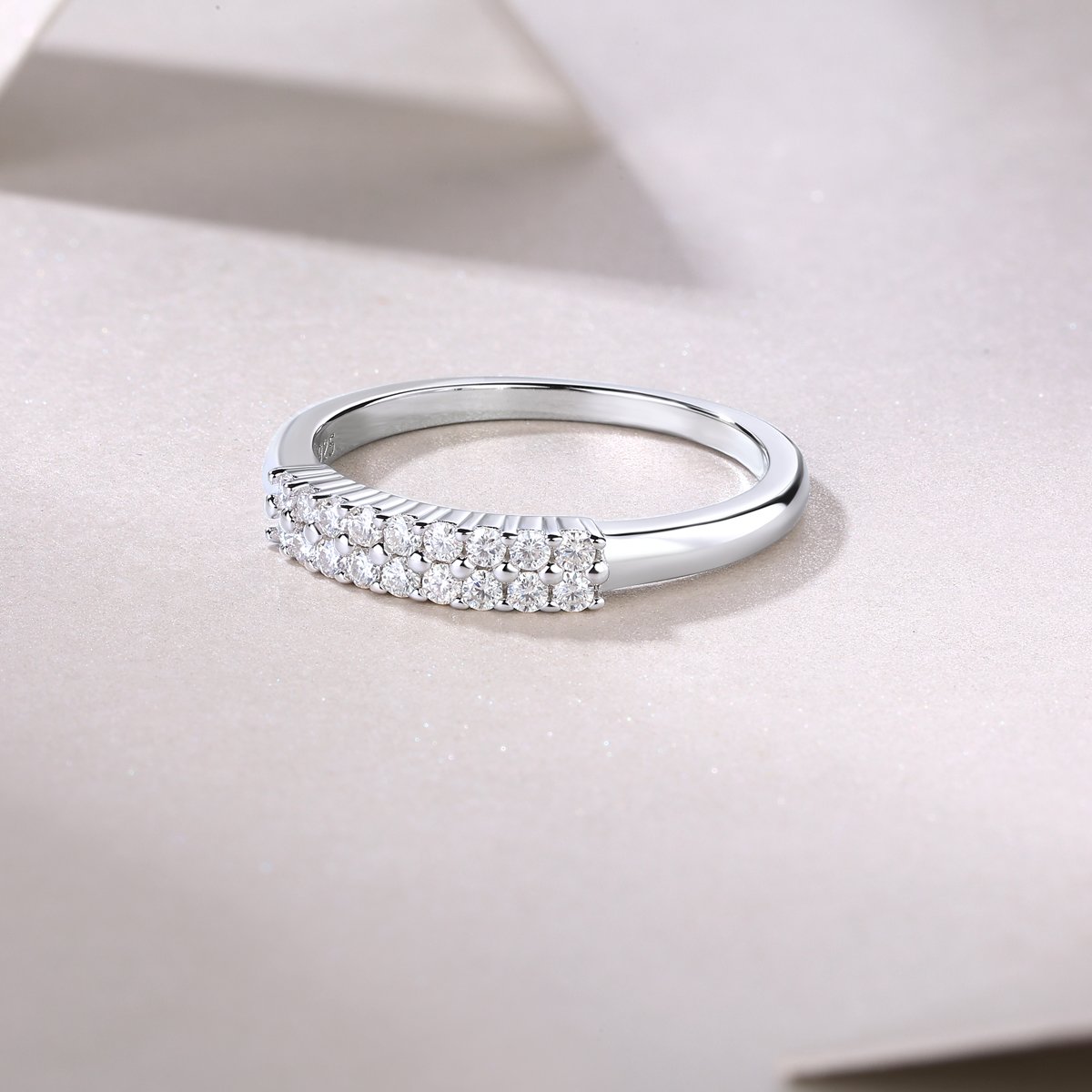 Moissanite Two-Row Pave Band Ring | 925 Silver, 18K White Gold Plated - Image 6