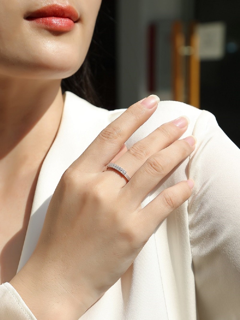 Moissanite Two-Row Pave Band Ring | 925 Silver, 18K White Gold Plated - Image 7