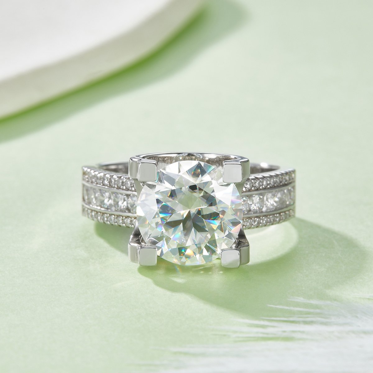 Round Moissanite Solitaire Ring – 5ct DEW (11mm) Pavé Shoulders - Image 2