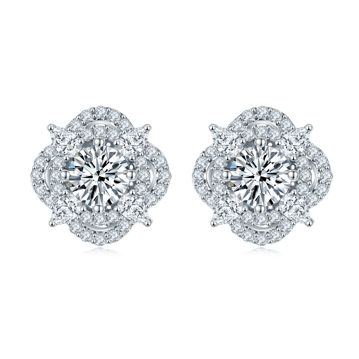 Floral Halo Moissanite Stud Earrings – 1ct DEW Each (6.5mm), 2ct Pair