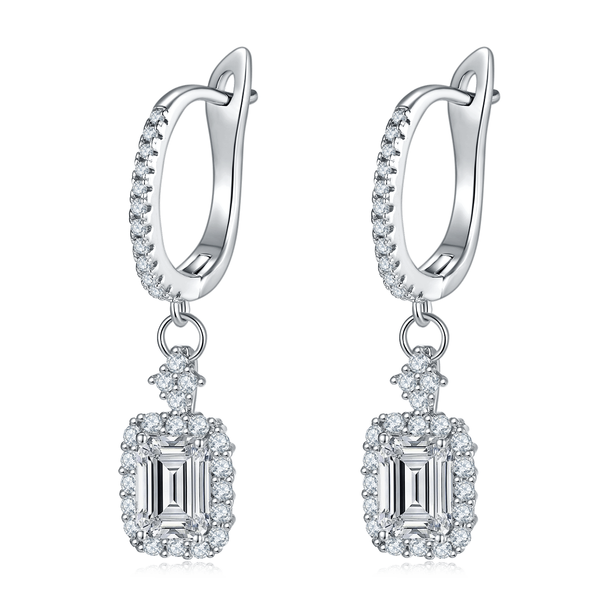 Emerald-Cut Moissanite Halo Drop Earrings - 2ct DEW